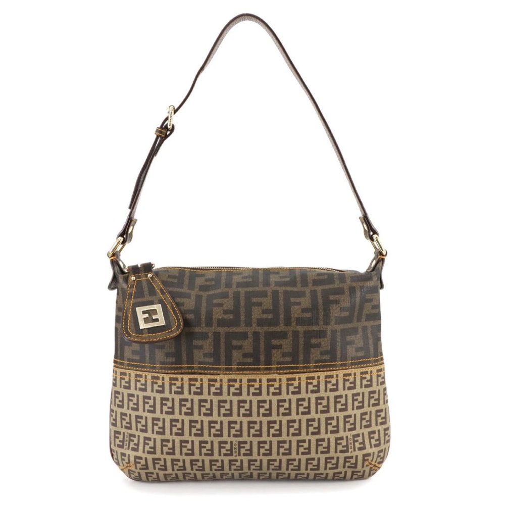 FENDI Zukka Zucchino Shoulder Bag PVC Leather Brown Beige